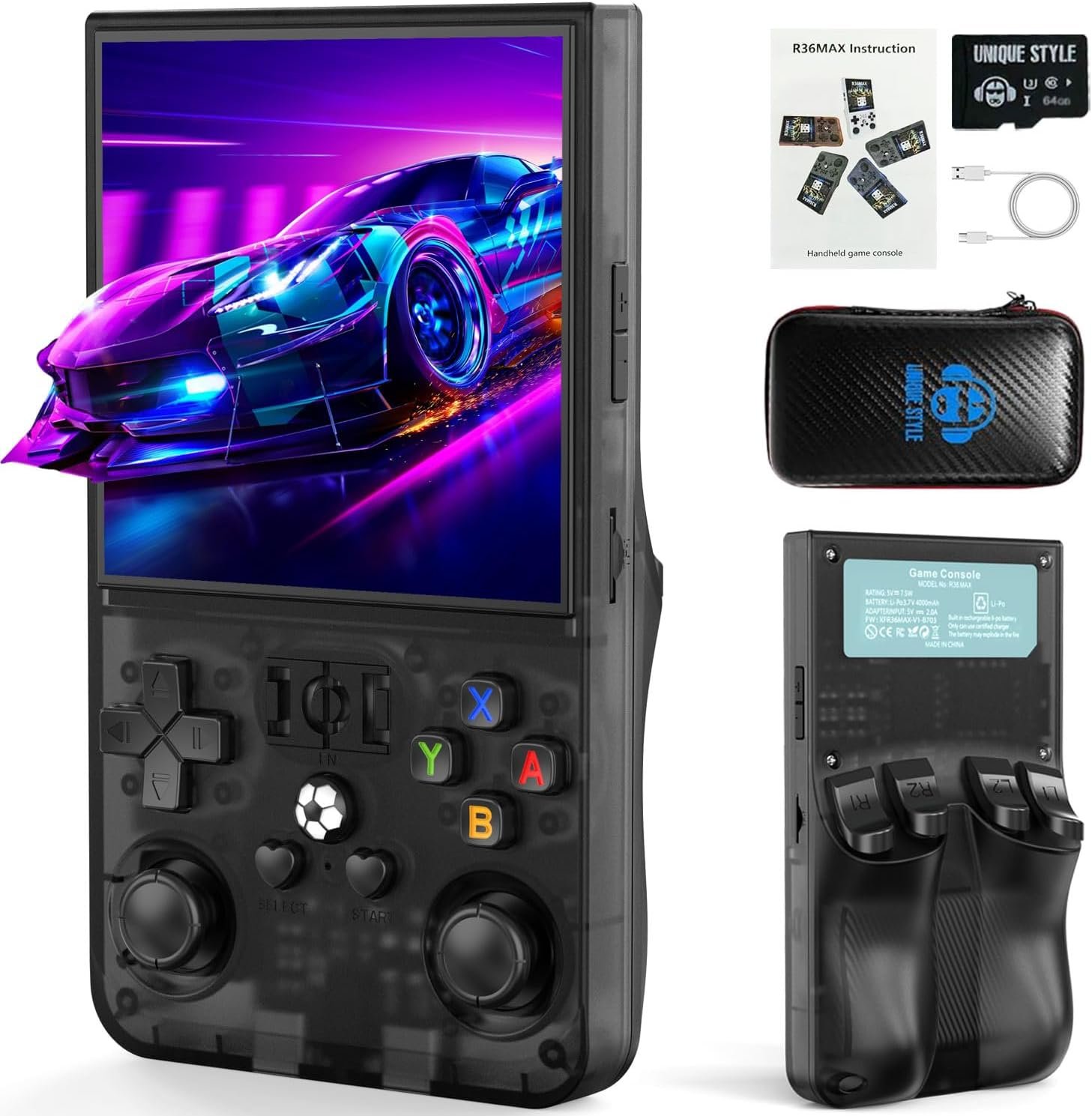 R36MAX Retro Handheld Game Console, 4.0 Inch IPS Retro Gaming Console with Linux System and 64GB Memory, Supports 30+ Emulator Console as Hand Held Game Console (64GB Black)