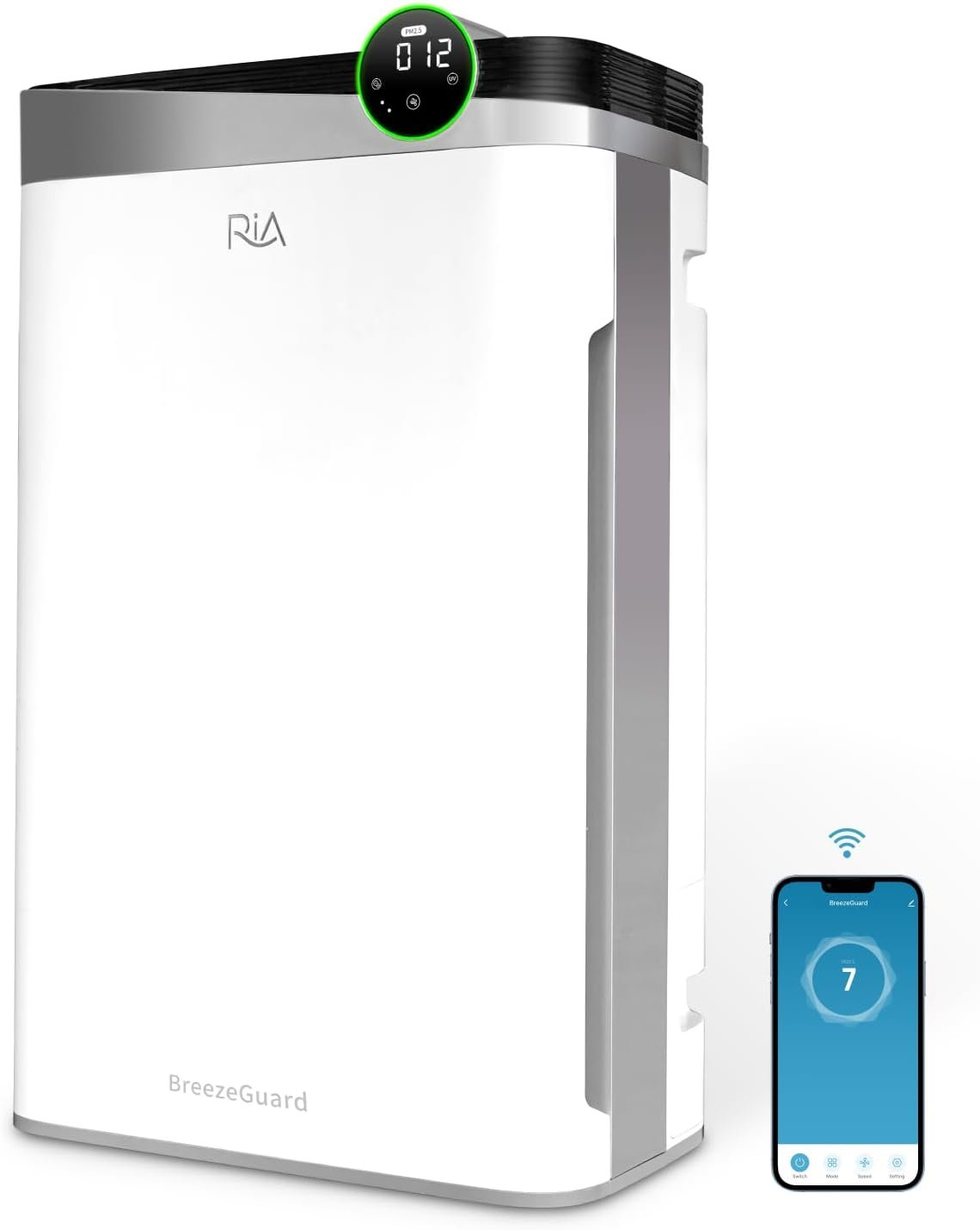RIA BreezeGuard Smart HEPA Air Purifier for Large Room up to 2500 SqFt with Sleep Mode, App Control, Air Quality Monitor, Washable Filter, Evaporative Humidifier for Home Bedroom Pet Dander Smoke Dust