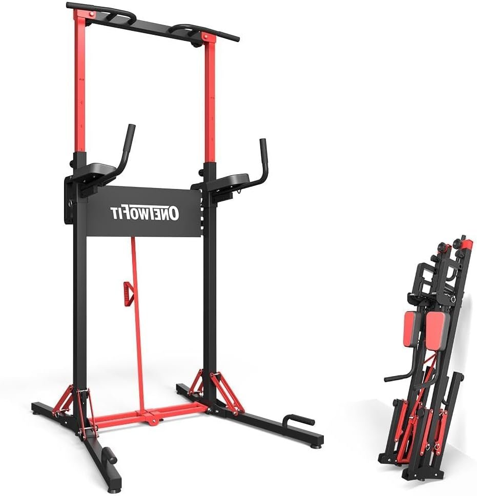 ONETWOFIT Foldable Power Tower Pull Up Bar Dip Station, Multi-Function Adjustable Height, Strength Training, 400LBS/600LBS Capacity