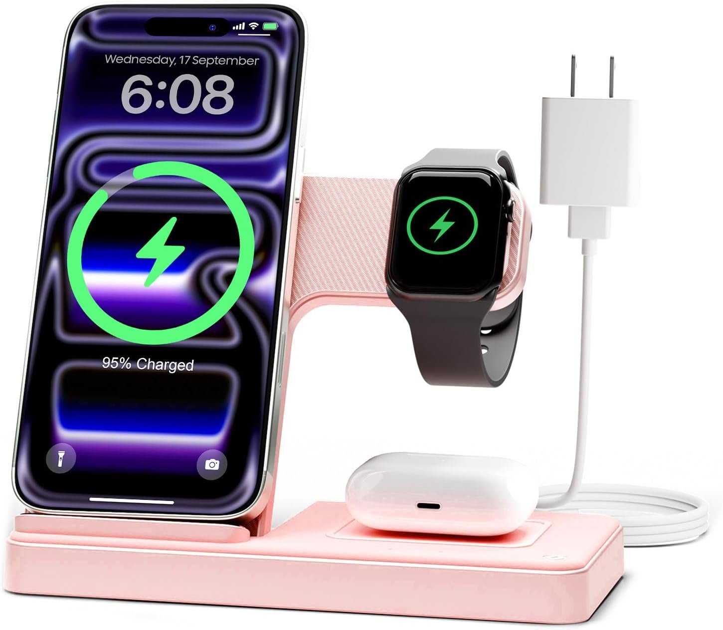 Wireless Charger Stand Charging Station: 3 in 1 Charger Stand Multiple Devices for Apple – iPhone 17 16e 16 15 14 Pro Max 13 12 – Watch 11 10 9 8 7 6 5 4 3 2 SE and Ultra Series-Airpods 4 3 Pro, Pink