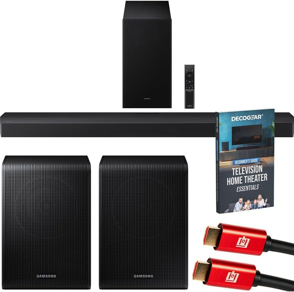 Samsung B-Series Soundbar HW-B750F 5.1 ch Subwoofer (2025) Bundle with SWA-9250S Wireless Rear Speakers, 2X 4K HDMI Cable and Deco Gear Complete Home Theater Beginner’s Guidebook