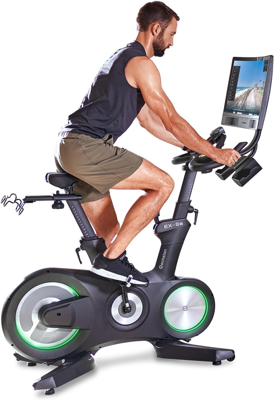 Echelon Connect EX-8s Smart Exercise Bike with 24 Inch HD Touchscreen, LED Flywheel, Bluetooth, 32 Resistance Levels, SPD Pedals, USB Port, Dumbbell Holders & Free 30-Day Echelon Fit App Membership