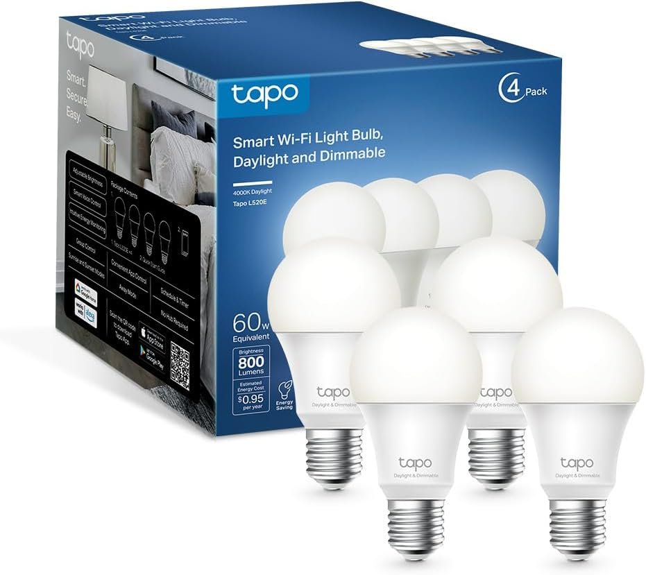 Tapo TP-Link Smart Light Bulbs – Natural Daylight, Dimmable, Compatible w/Alexa and Google Home, A60 Bulb/E27 Base, 60W Equivalent, 800LM CRI>90, 2.4GHz WiFi Only, No Hub Required, L520E(4-Pack)