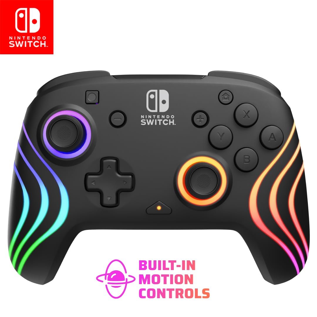 PDP Gaming Afterglow Wave Wireless Nintendo Switch Pro Controller – Officially Licensed, Nintendo Switch 2, Switch Lite/OLED, RGB LED Customization, App Controls, Rechargeable Battery Power – Black