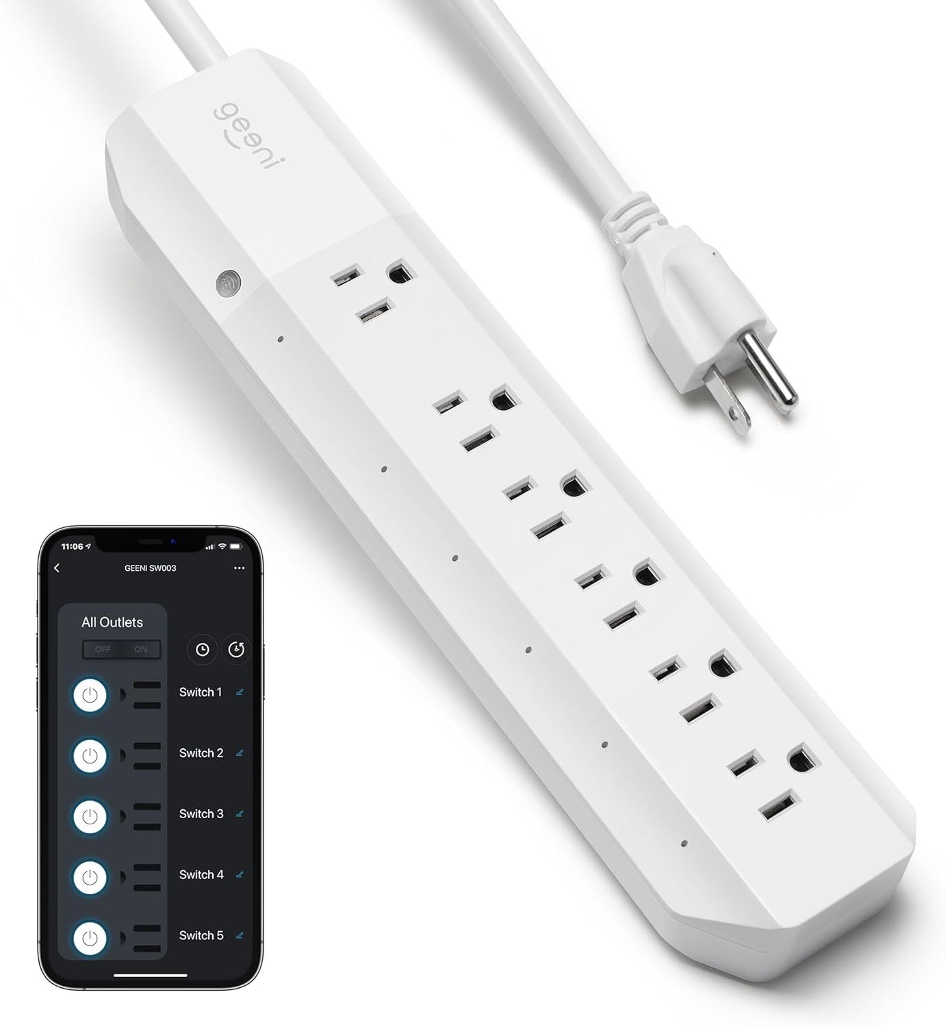 Geeni Smart Surge Protector Power Strip with 6 Wi-Fi Controlled Outlets, Real-Time Energy Monitoring, 3ft Extension Cord, App Control, Compatible with Alexa & Google Assistant, Smart Power Strip