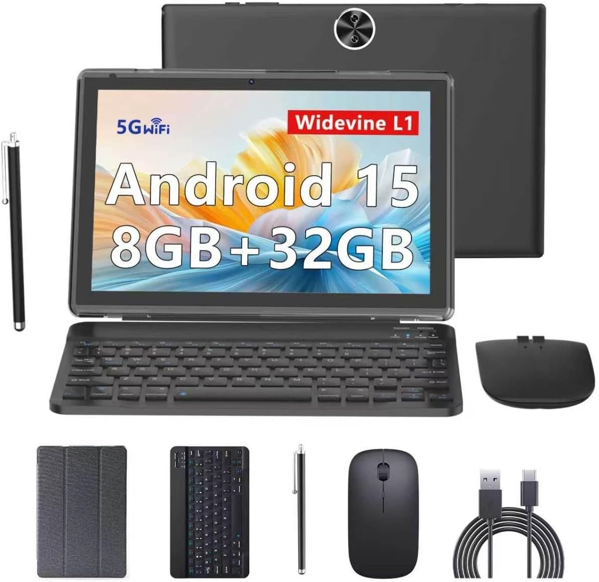 Android 15 Tablets 10 Inch, 2 in 1 Tablet with Keyboard Case, 8GB+32GB ROM/1TB, Quad Core, HD Touch Screen, Dual Carema, Games, Wi-Fi, BT, Google GMS Black
