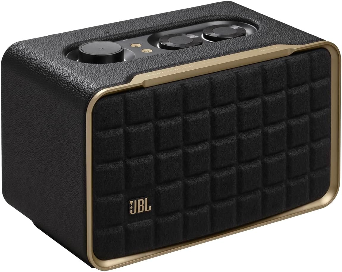 JBL Authentics 200 – Retro Style Smart Home Speaker with Built in Wi-Fi, Bluetooth and Voice Assistants, Alexa and Google Assistant, Multi-Room Playback, Automatic self tuning (Black/Gold)