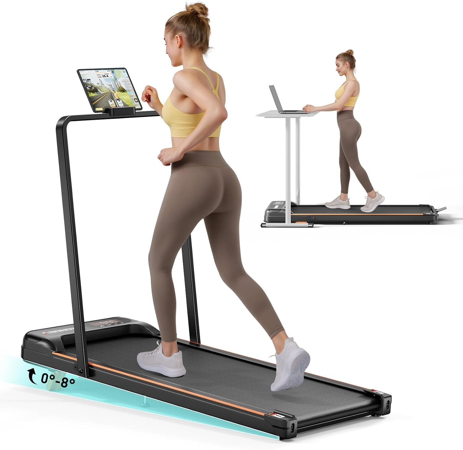Abonow Portable Walking Pad with Handle Bar for Home & Office, 2 in 1 Under Desk Treadmill with 8% Incline, 2.5HP Small Foldable Compact Treadmills Walking Machine, LED Display, 265 LBS