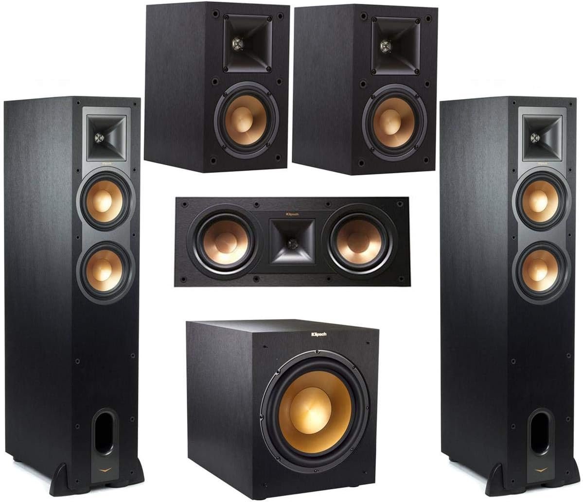 Klipsch Reference 5.1 Home Theater System – Bundle with 2X R-26FA Floorstanding Speaker, 2X R-41M Bookshelf Speaker, R-25C Channel Speaker, R-12SW Subwoofer
