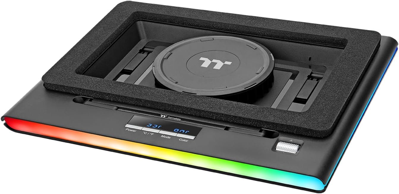 Thermaltake Massive EXTREME Notebook Cooler; Laptop up to 18in; 800~3500 RPM; 48.5 CFM; 120mm Cross Flow Fan; Ambient Temp Sensor; PWM Scroll Wheel; 2 Stage Height & Angle Adjustment; CL-N023-PL12SW-B
