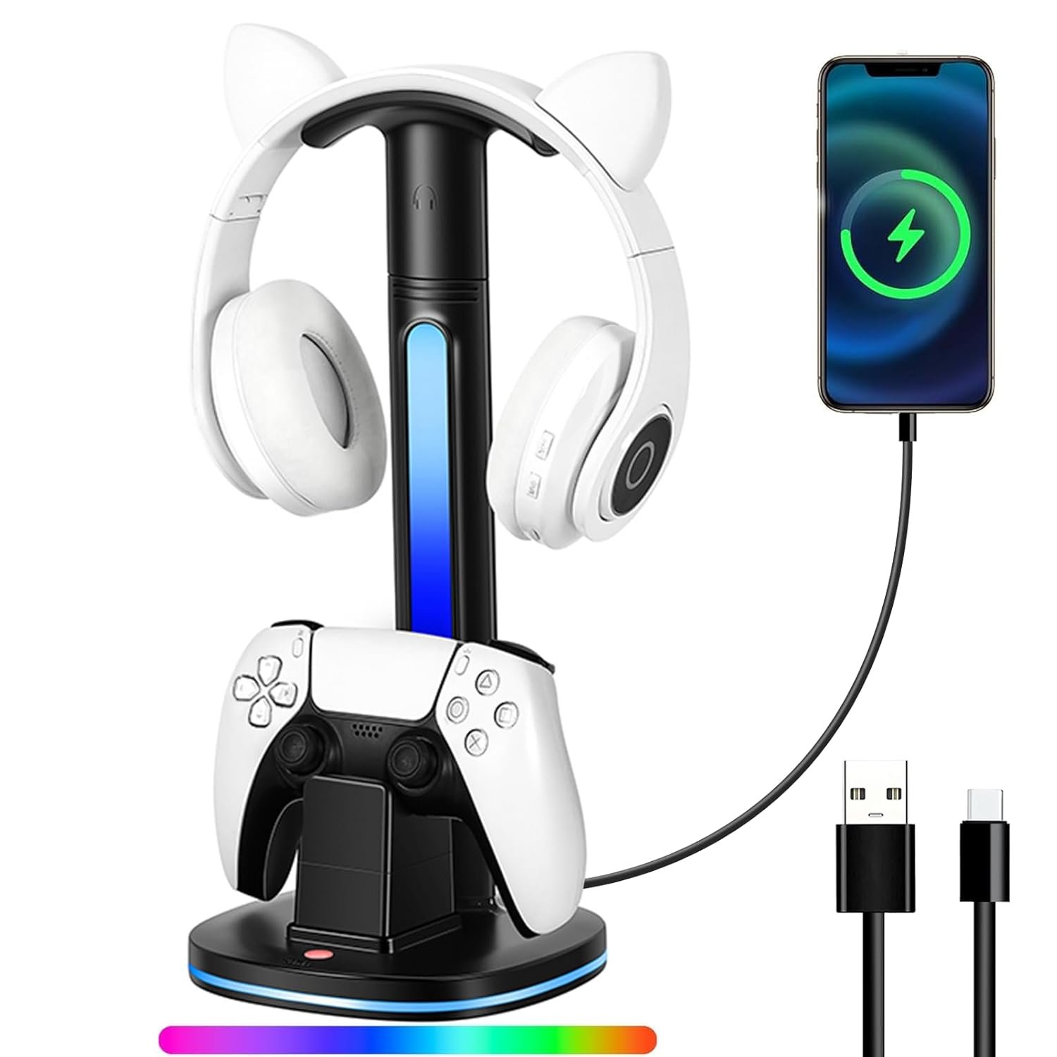PS5 Controller Charging Dock with RGB Headphone Stand | 2-in-1 Dual USB Fast Charging Station for PS5 Controllers | RGB LED Gaming Headset Stand & Multi-Functional Gaming Accessories