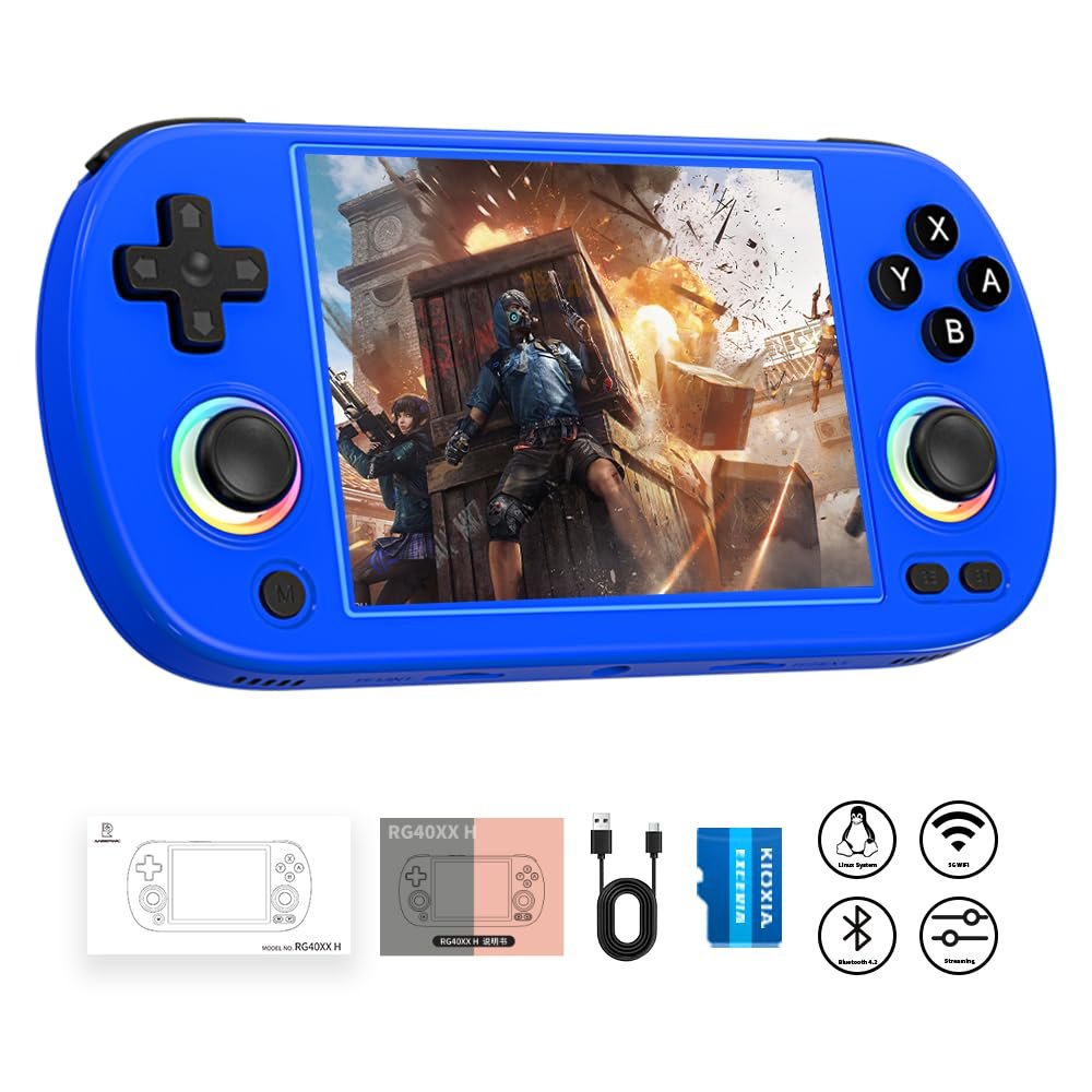 Anbernic RG40XX H Retro Handheld Game Console RG40XXH Retro Gaming Console with 4” IPS Screen Linux System Built-in 64G TF Card Preloaded Games 5000+ RG40XX H Supports 5G WiFi Bluetooth 4.2 Blue