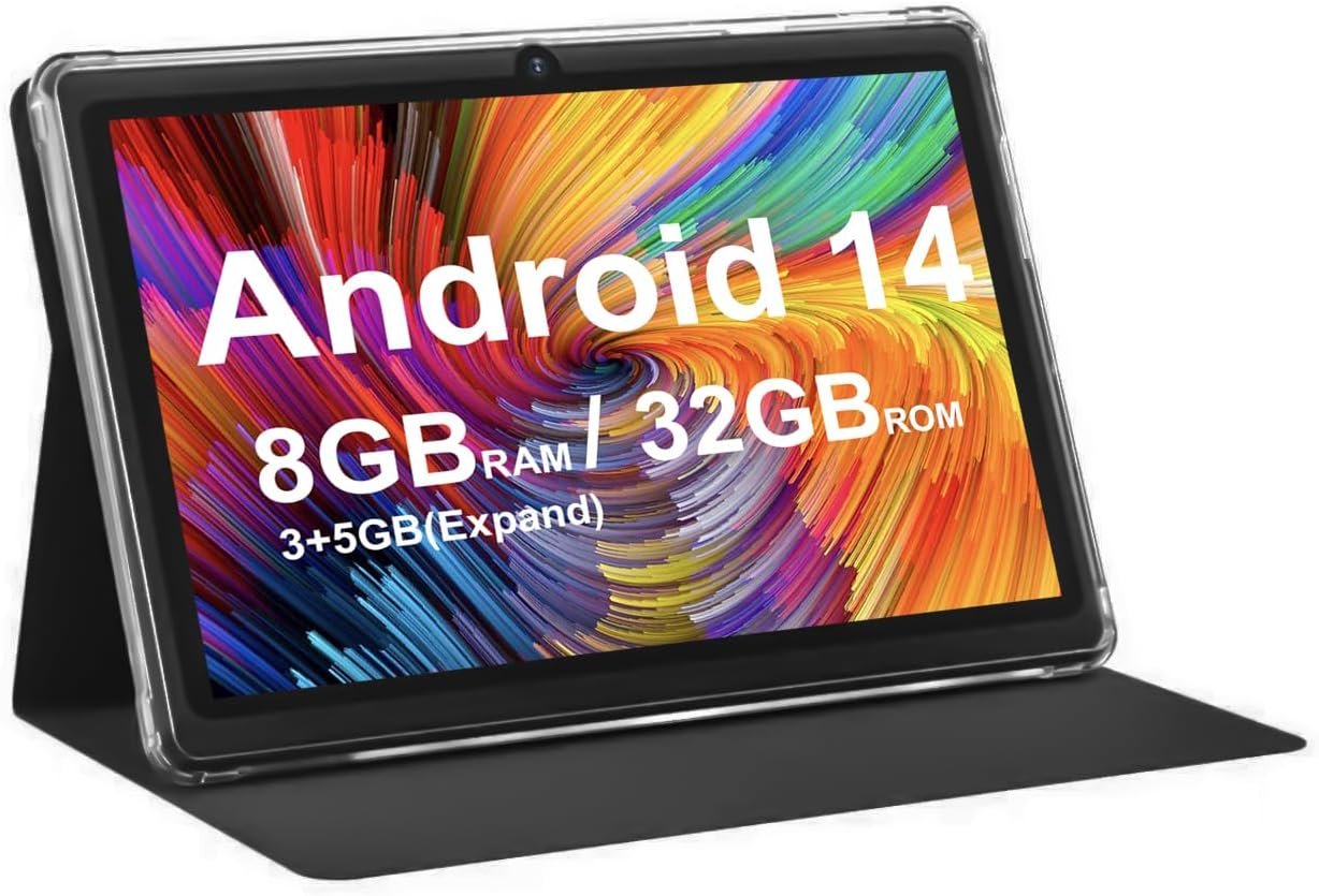 PEICHENG Android 14.0 Tablet 7″, RAM 8GB(3+5Expand)+32GB ROM Tablets, Dual Camera, 1024 x 600 IPS Display Screen, 1TB Expand, Tablet with Case (Black)