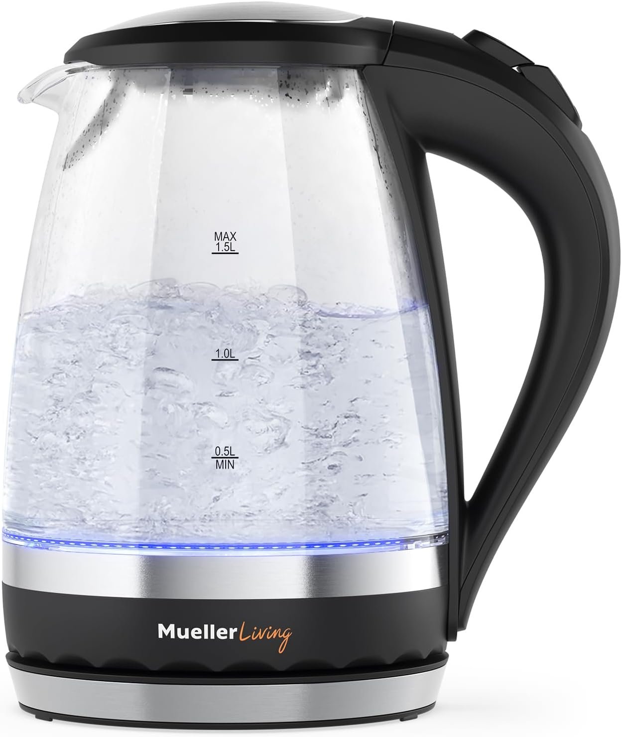 MuellerLiving Glass Kettle 1.5L 1500W LED Light Electric Tea Kettle Automatic Shut-Off with SpeedBoil Tech and Boil-Dry Protection