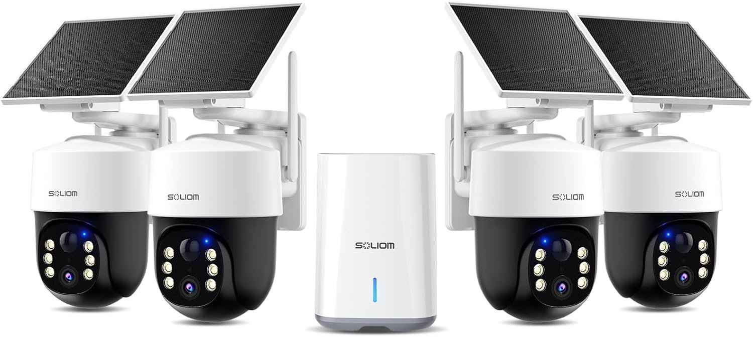 SOLIOM Security Cameras Wireless Outdoor,4K Ultra HD for Day and Night, No Subscription,Built in Radar,Solar Powered Cameras for Home Security, 360° Pan Tilt Auto Tracking,5G & 2.4G WiFi, 4-Cam Kit