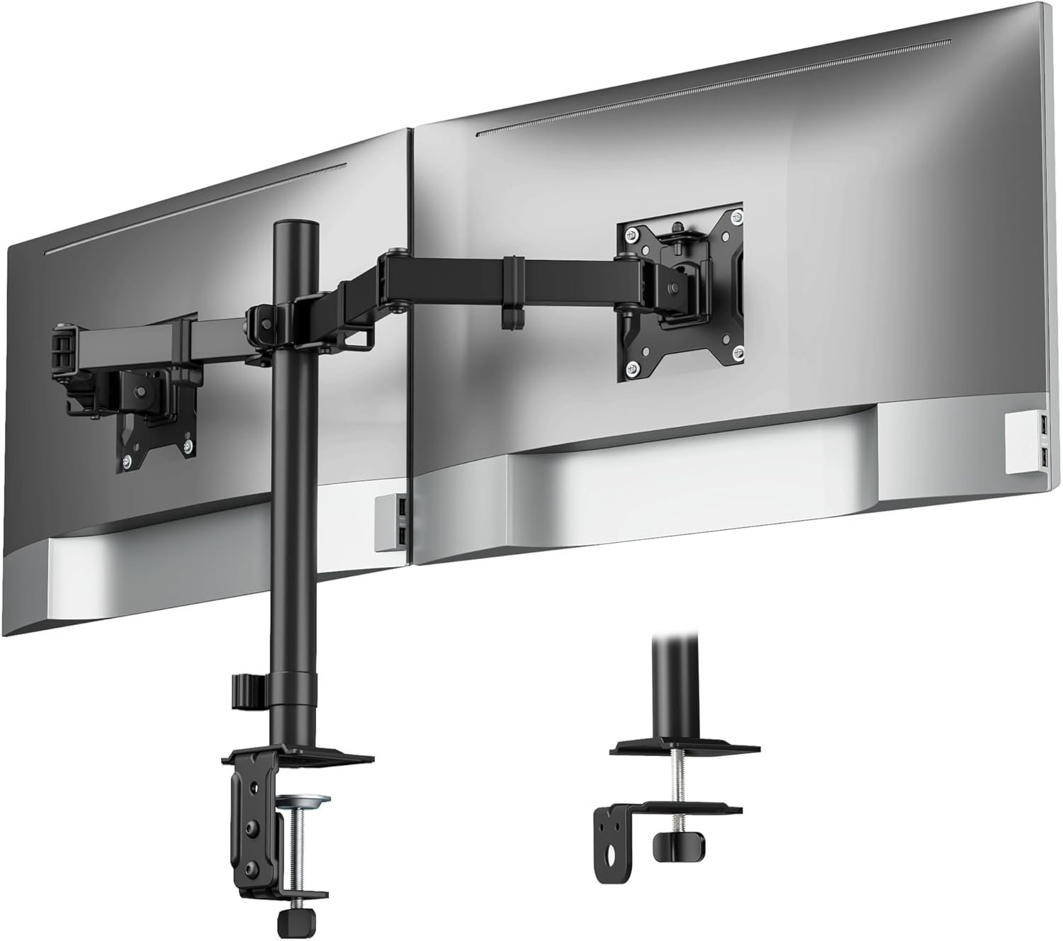monTEK Heavy Duty Dual Monitor Stand for 17–32″ Monitors, Stable Desk Mount with 22 lbs per Arm, Fully Adjustable Articulating Monitor Arm with Clamp & Grommet Base, VESA 75×75/100×100