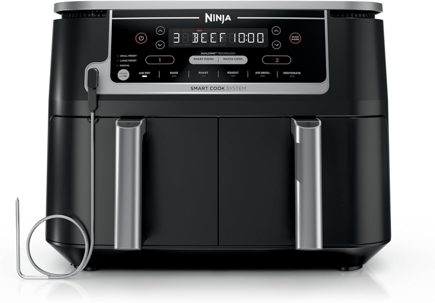 Ninja DZ550 Foodi 10 Quart 6-in-1 DualZone Smart XL Air Fryer with 2 Independent Baskets, Smart Cook Thermometer for Perfect Doneness, Match Cook and Smart Finish to Roast, Dehydrate and More, Black