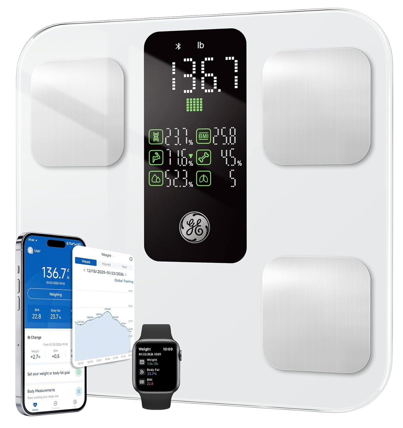 GE Smart Body Weight Scale, with 8-in-1 Display for BMI Body Fat Muscle Mass, Digital Bathroom Bluetooth Scale, 14 Composition Analyzer for Health Monitoring, 11.8″, Accurate 400lb Weighing, White