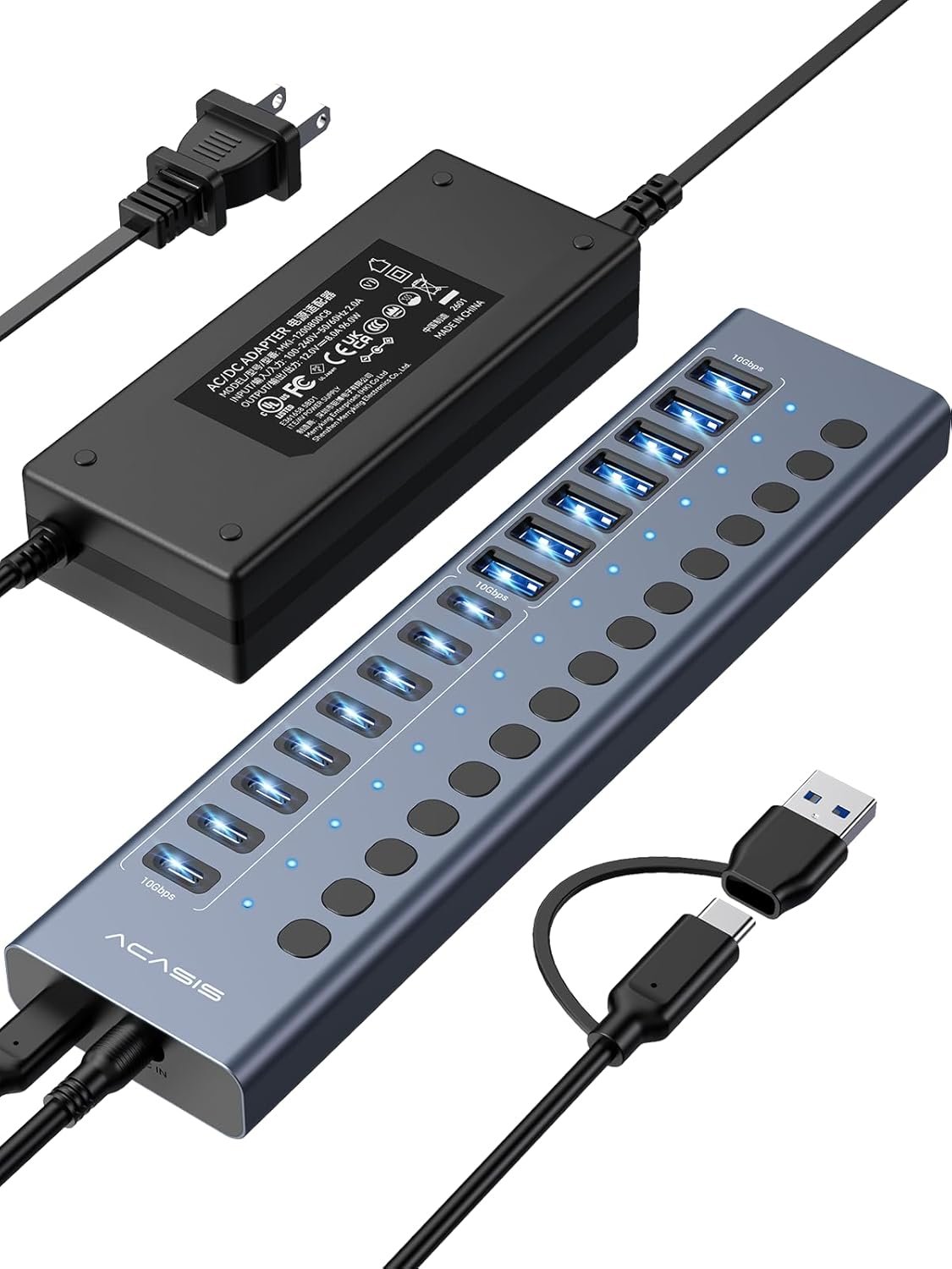 Powered USB 3.2 Hub, ACASIS 16 Ports USB 3.2 Hub(8 USB-A 3.2 Ports+8 USB-C 3.2 Ports), Aluminum USB Hub Powered with 96W Power Adapter, USB Hub for PC/Laptop, Computer, Flash Drive, Printer, Camera
