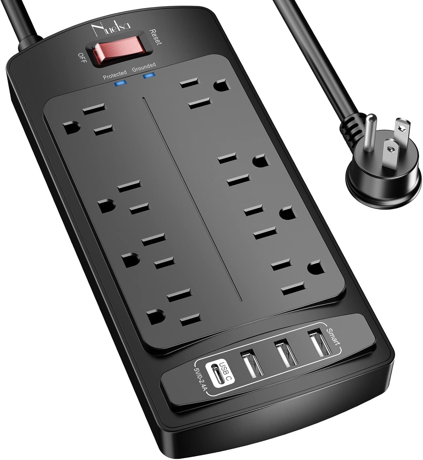 Surge Protector Power Strip – Nuetsa Flat Plug Extension Cord with 8 Outlets and 4 USB Ports, 6 Feet Power Cord, 2700 Joules, ETL Listed, Black