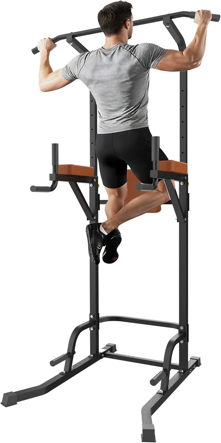 Power Tower Pull Up Station, Dip Station with Stable H-Shaped Base, Adjustable Height for Pull-Ups, Dips, Knee Raises & Calisthenics Training