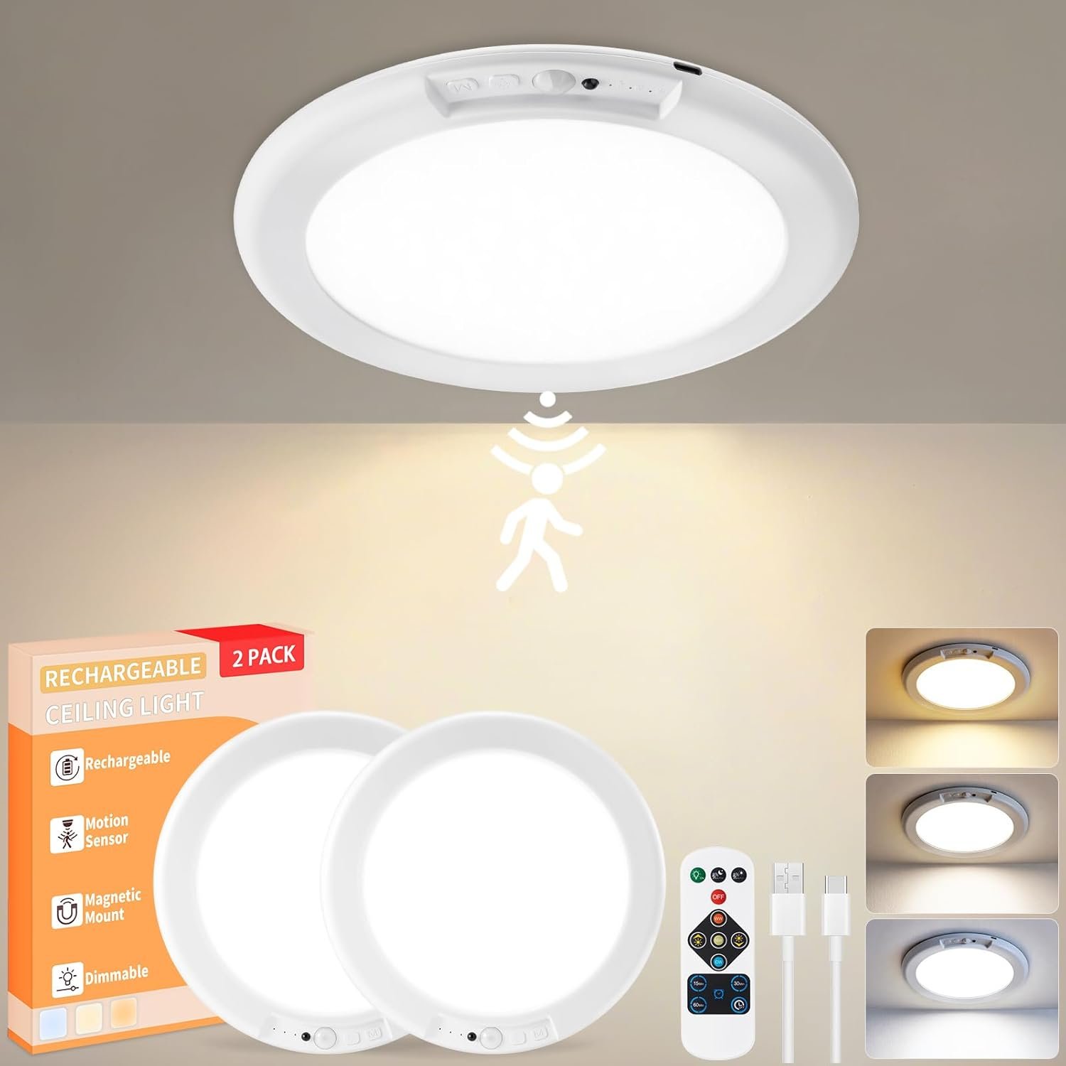 KYEKIO 2Pack Rechargeable Ceiling Light/Waterproof Shower Light with Remote | Motion Sensor, Wireless Magnetic Easy-Install, 3 Color, Dimmable, Battery-Powered, LED, for Closet, Pantry, Hallway, Porch