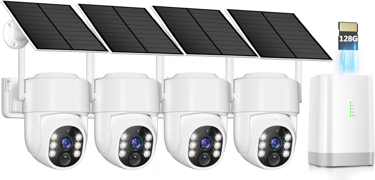 4MP Security Cameras Wireless Outdoor,No Subscription 128GB Local Storage,Solar Powered Cameras For Home Security With 360°PTZ,4 Cam-Kit, Color Night Vision Home Security Camera System,5G & 2.4G,IP66
