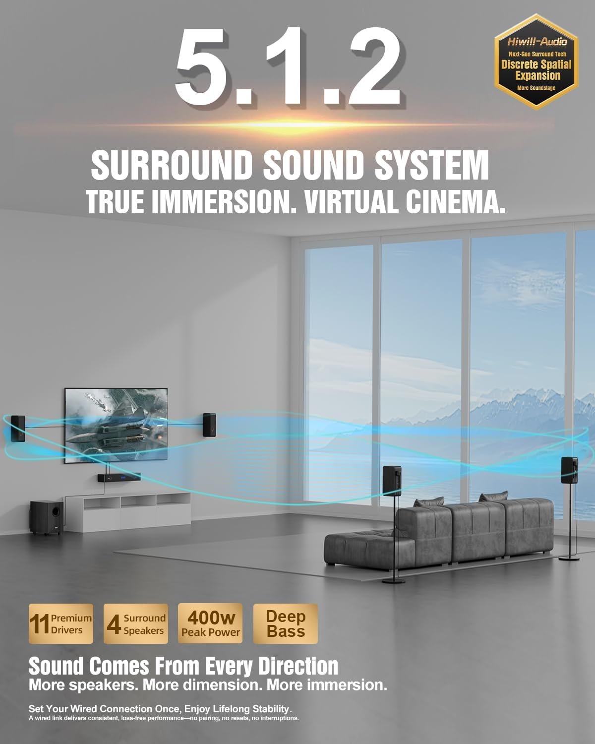 Wooden 5.1.2 Virtual Surround Sound System, 4 Surround Speakers Wired, 400W Peak Power, Sound Bars for Smart TV w/Subwoofer, 5.25” Deep Bass, Home Theater TV System, ARC/Opt/BT/AUX