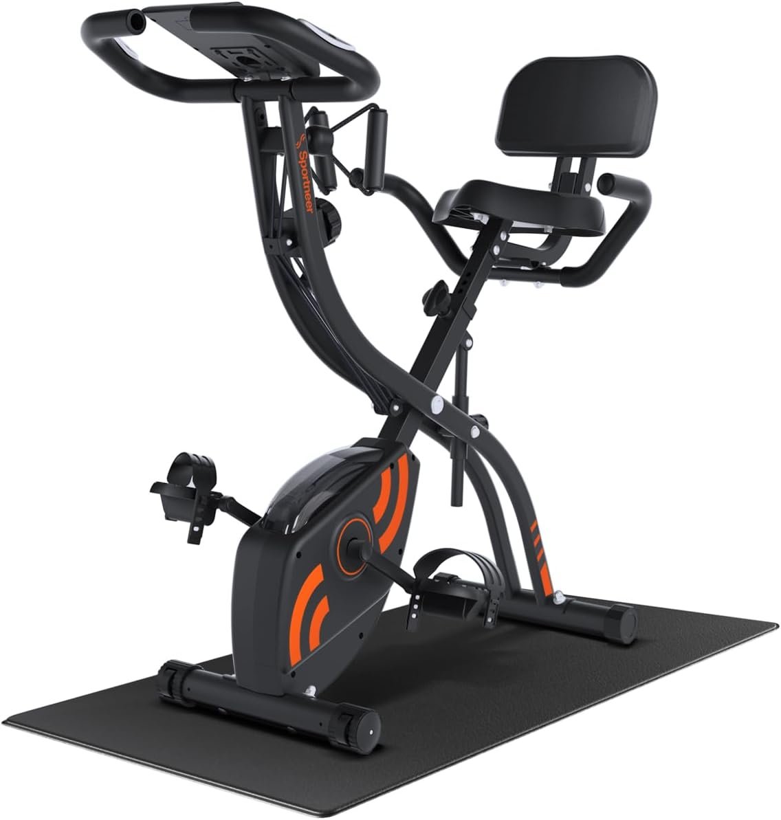 Sportneer Foldable Exercise Bike Stationary Bike, 4 in 1 Indoor Cycling Bike with 16 Level Magnetic Resistance Training Bike with Arm Resistance Band PVC Floor Mat Fitness Bike for Home Gym Workout