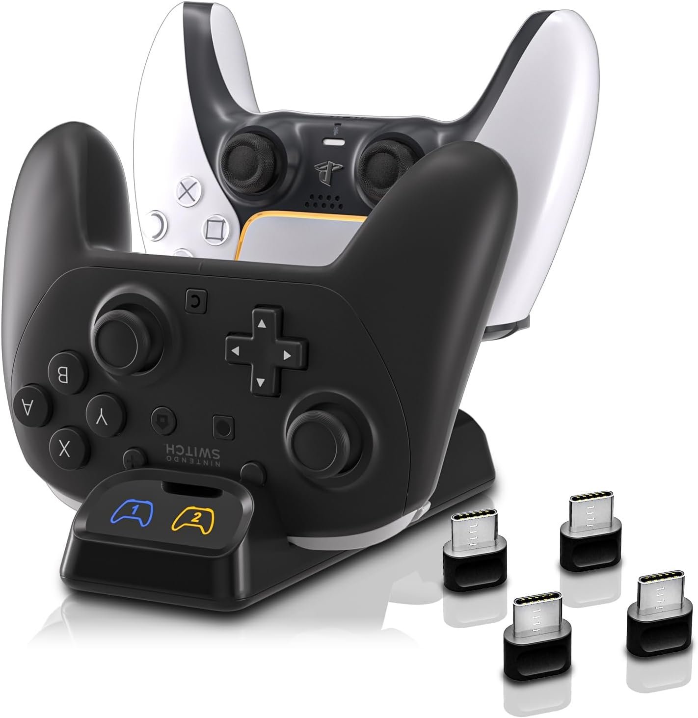 Controller Charger Dock for Switch 2 Pro, Nintendo Switch Pro, PS5 & Xbox Series X/S – Dual Fast Charging Station with LED Indicator, Type-C Adapter, Compact Stand