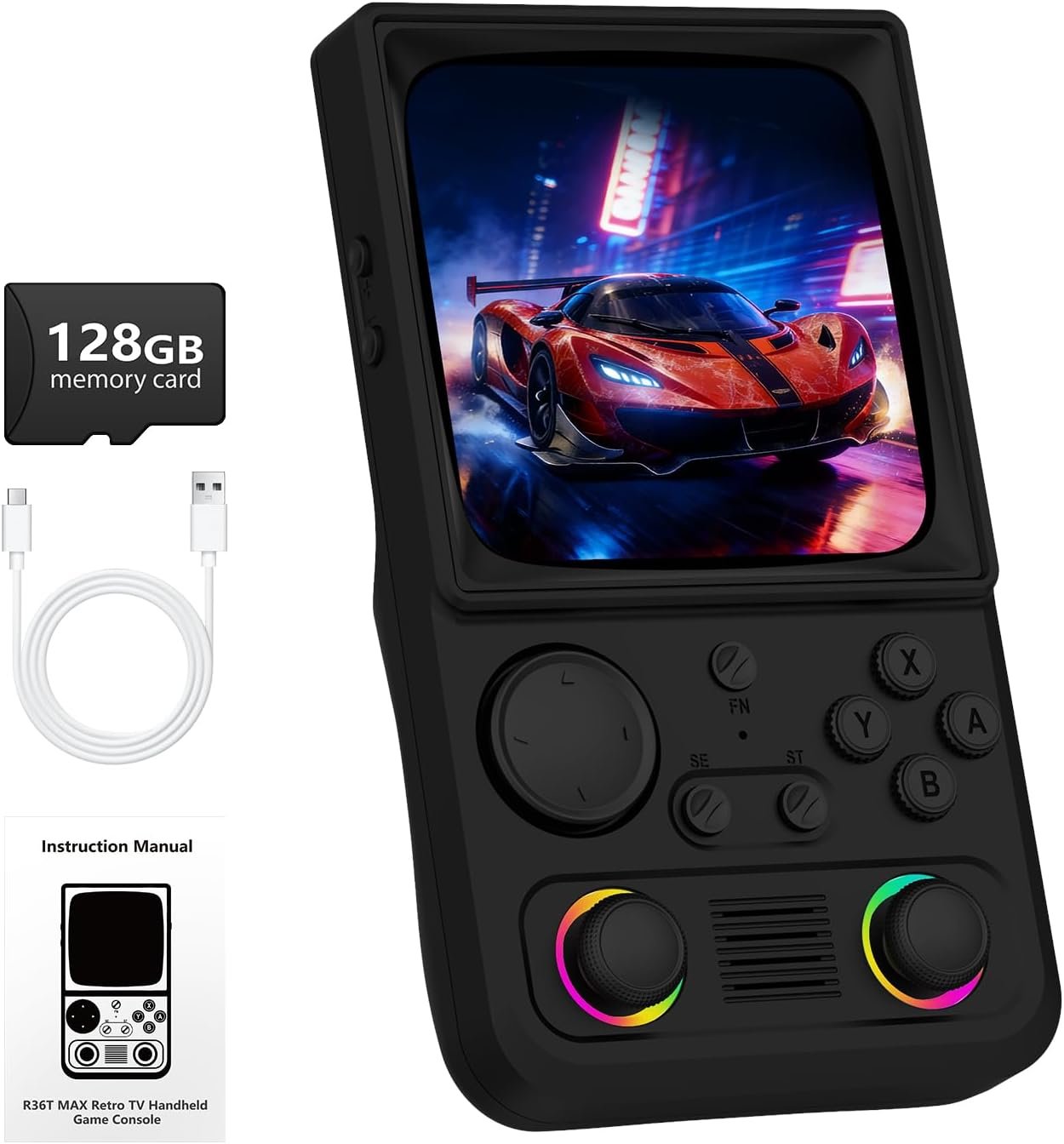 R36TMAX Retro Handheld Game Console, 4.0” 720×720 IPS Screen, 64GB Supports 18000+ Classic Games, EmuELEC System Supports WiFi Networked Fighting&OTG,4000mAh with Portable Case（Black 64GB）
