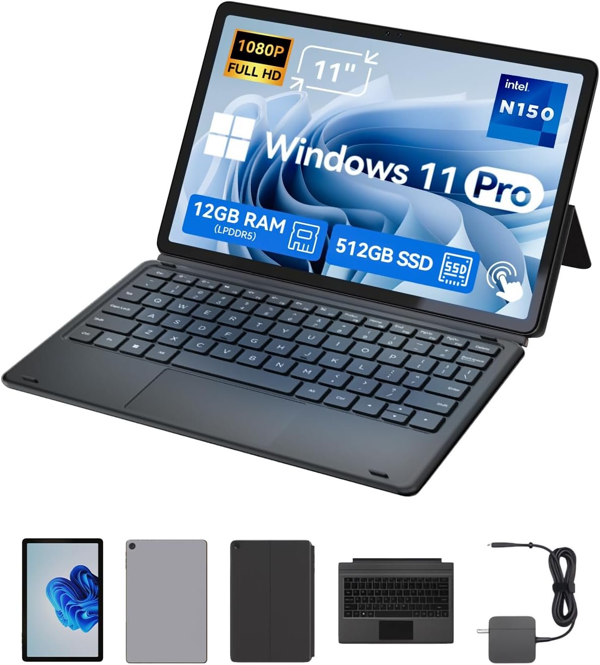 11 inch 2-in-1 Laptops, Win 11 Touchscreen PC Compatible with Twin Lake N150, 12GB RAM 512GB SSD, 1920×1200 IPS FHD Tablet USB-C/HDMI WiFi 6 with Magnetic Keyboard and Kickstand