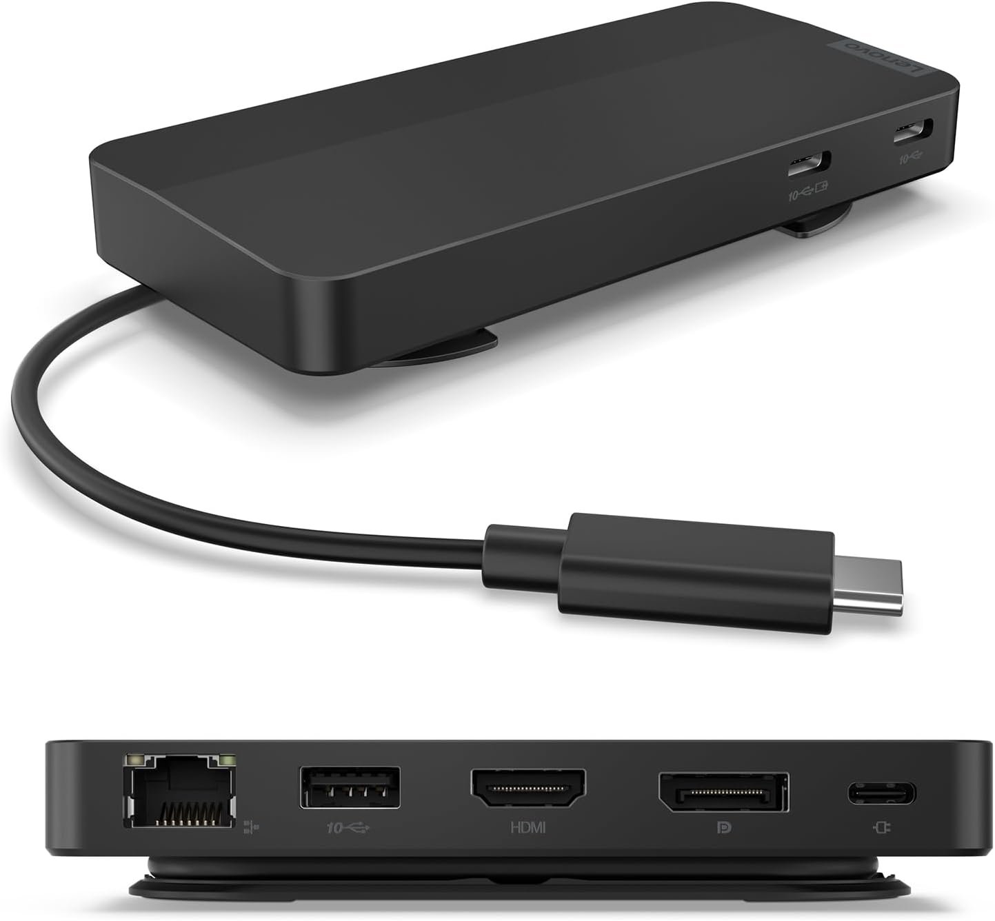 Lenovo USB-C Travel Dock – 7 Ports, Integrated Cable, Universal Compatibility, Dual 4K Displays – Black