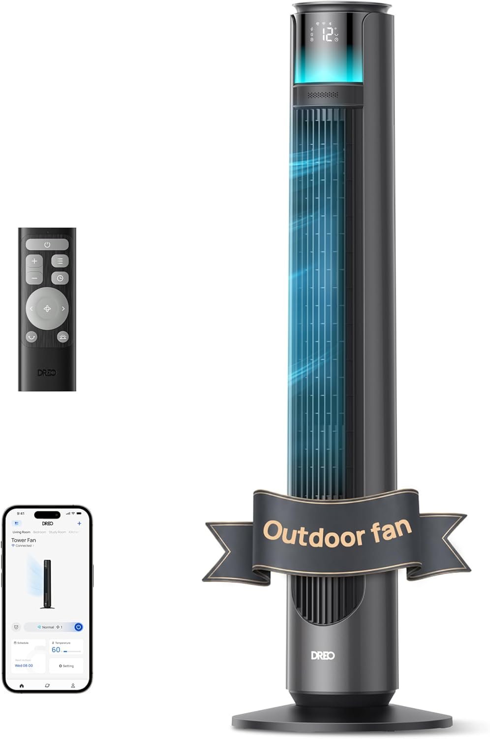 DREO Smart Tower Fan for Indoor & Outdoor Use, 33 ft/s High Velocity, 12 Speeds, 4 Modes Standing Floor Fan, 150° Customizable Oscillating, 20 dB Quiet DC Motor for Bedroom, Weather Resistant