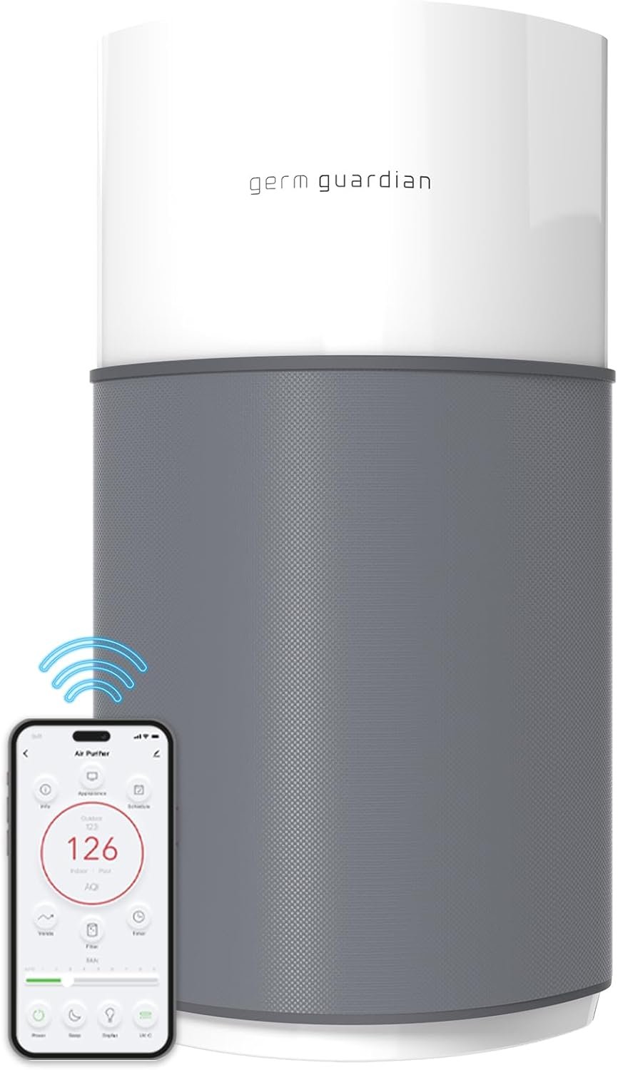 GermGuardian AirSafe+ XL Smart Air Purifier for Bedroom and Home – WiFi and App Enabled – 360-Degree True HEPA Filter – Filters Pet Dander, Dust, Smoke – Air Quality Monitor – AP3250 – Gray & White