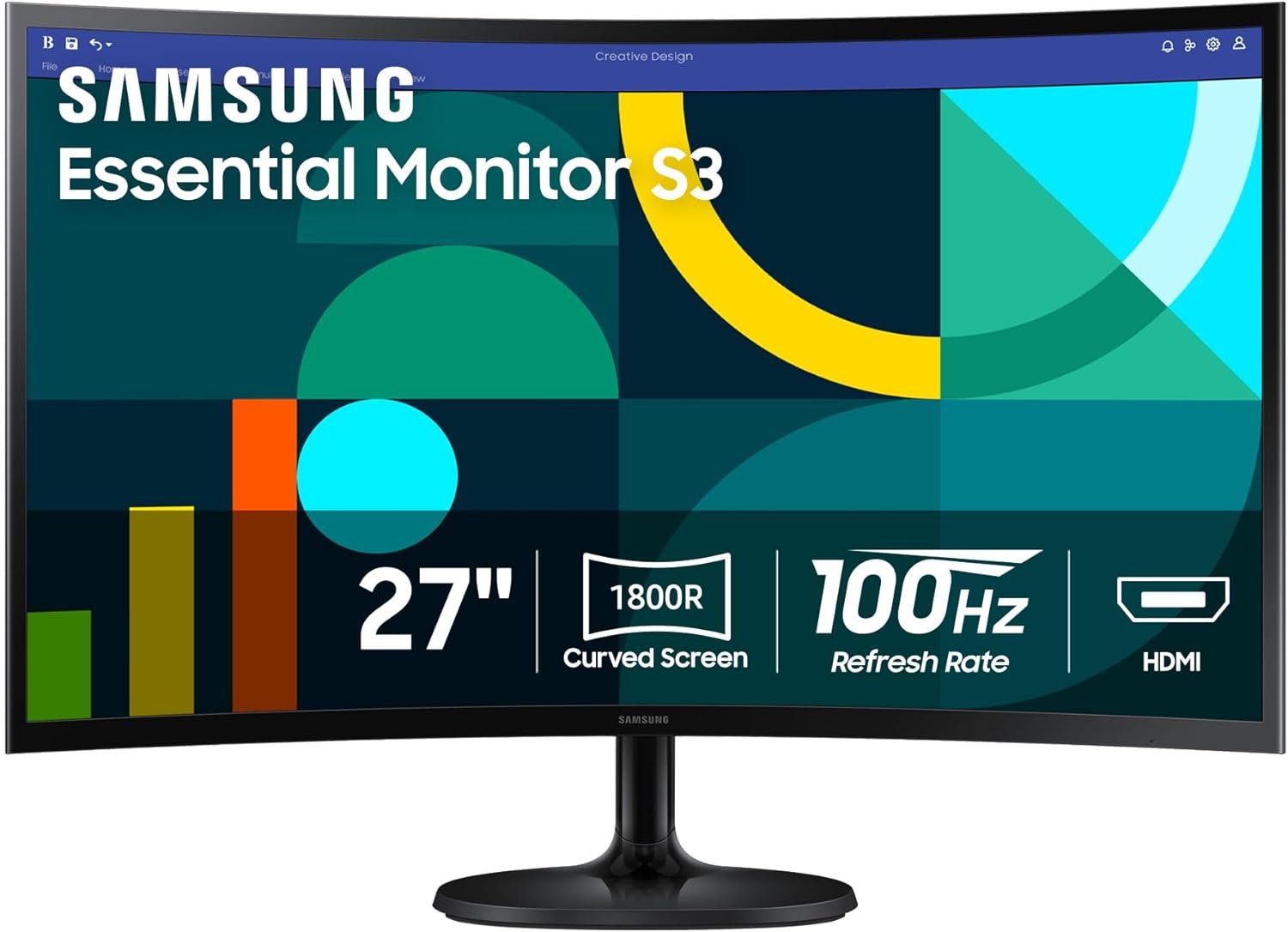 Samsung 27″ Essential S3 (S36GD) Curved Monitor – FHD, 1800R Curved Screen, 100Hz, Eye Saver Mode, Game Mode, HDMI D-sub, LS27D36CGANXZA