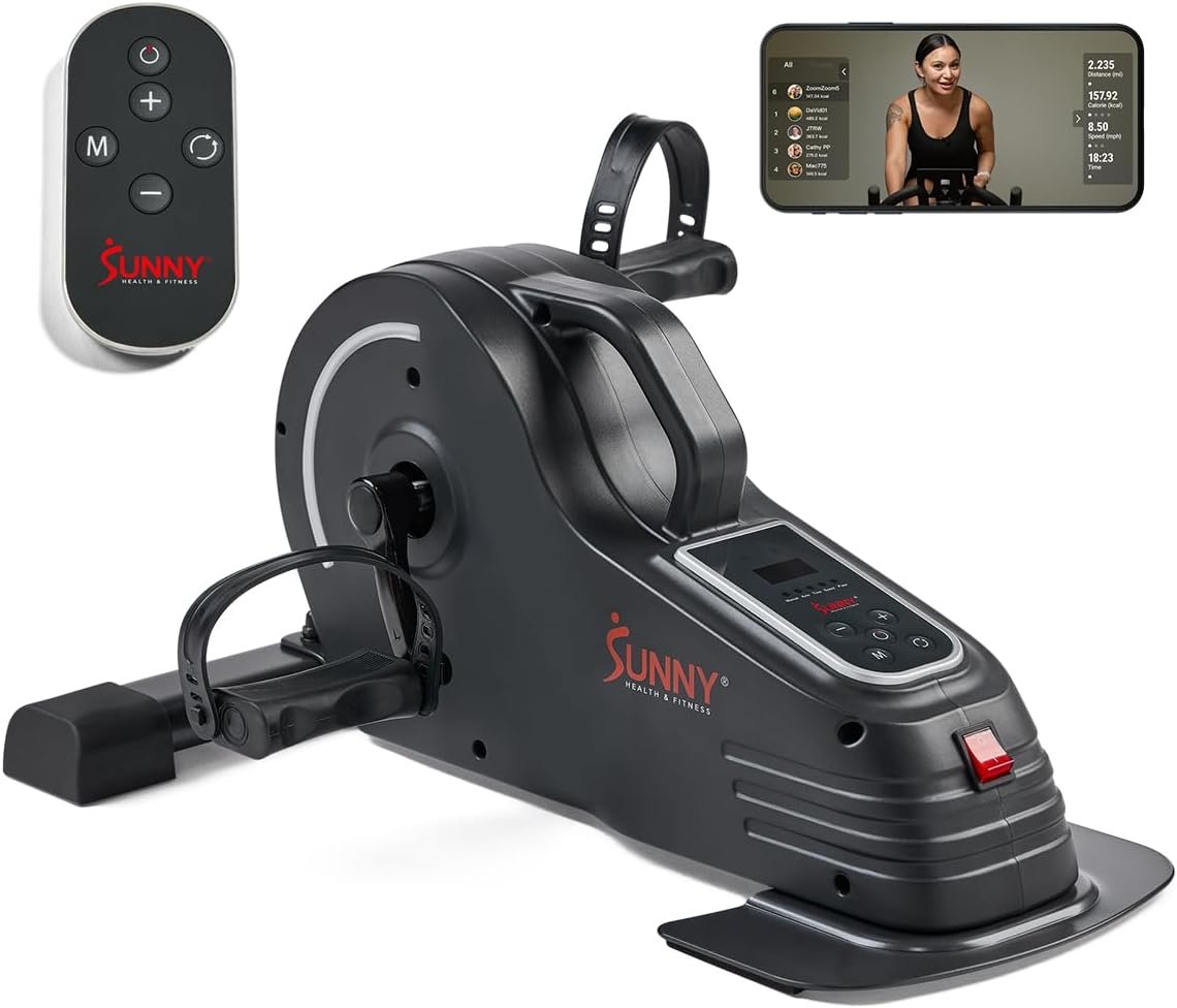 Sunny Health & Fitness Smart Motorized 2-in-1 Pedal Exerciser, Indoor Compact Under-Desk Mini Bike for Low-Impact Cardio Workout and Physical Therapy, Free SunnyFit Training App Connection