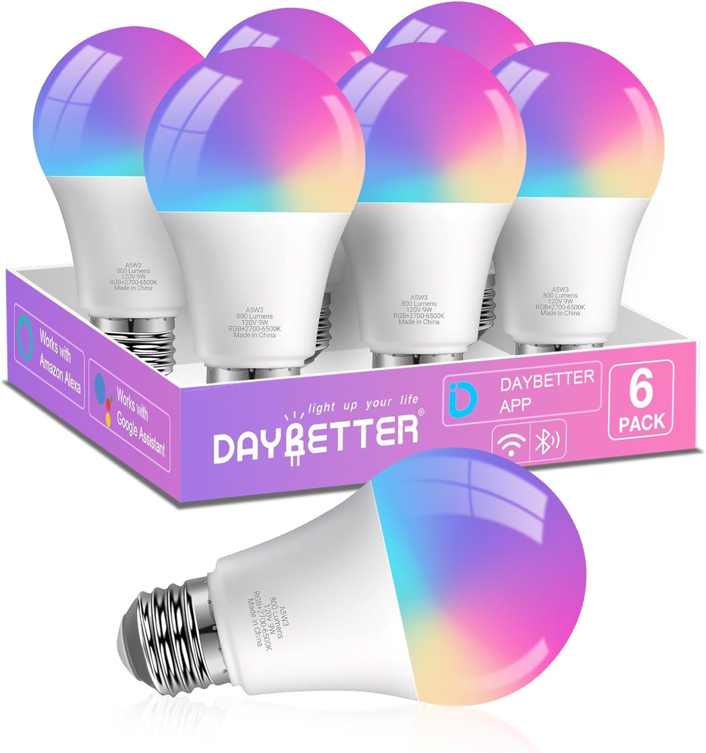 DAYBETTER Smart Light Bulbs, RGBCW Color Changing Smart Bulb Compatible with Alexa & Google Home,Preset Scene, Music Sync, A19 E26 2.4G WiFi Bluetooth Dimmable LED Bulbs, 60W Equivalent, 800LM, 6 Pack