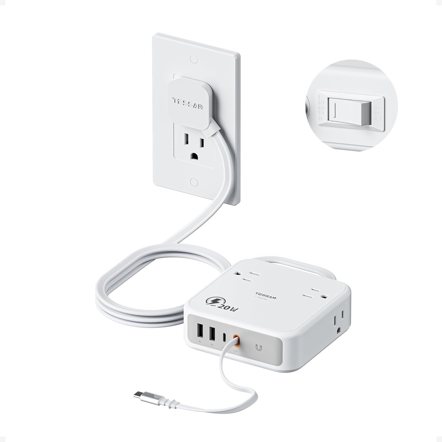TESSAN Surge Protector Extension Cord 5Ft, Flat Plug Power Strip with 4 Outlets 4 USB Ports(1 USB C) 20W USB C Cable, USB Charger 1050 Joules Protection, Suitable for Home Office Dorm, Grey