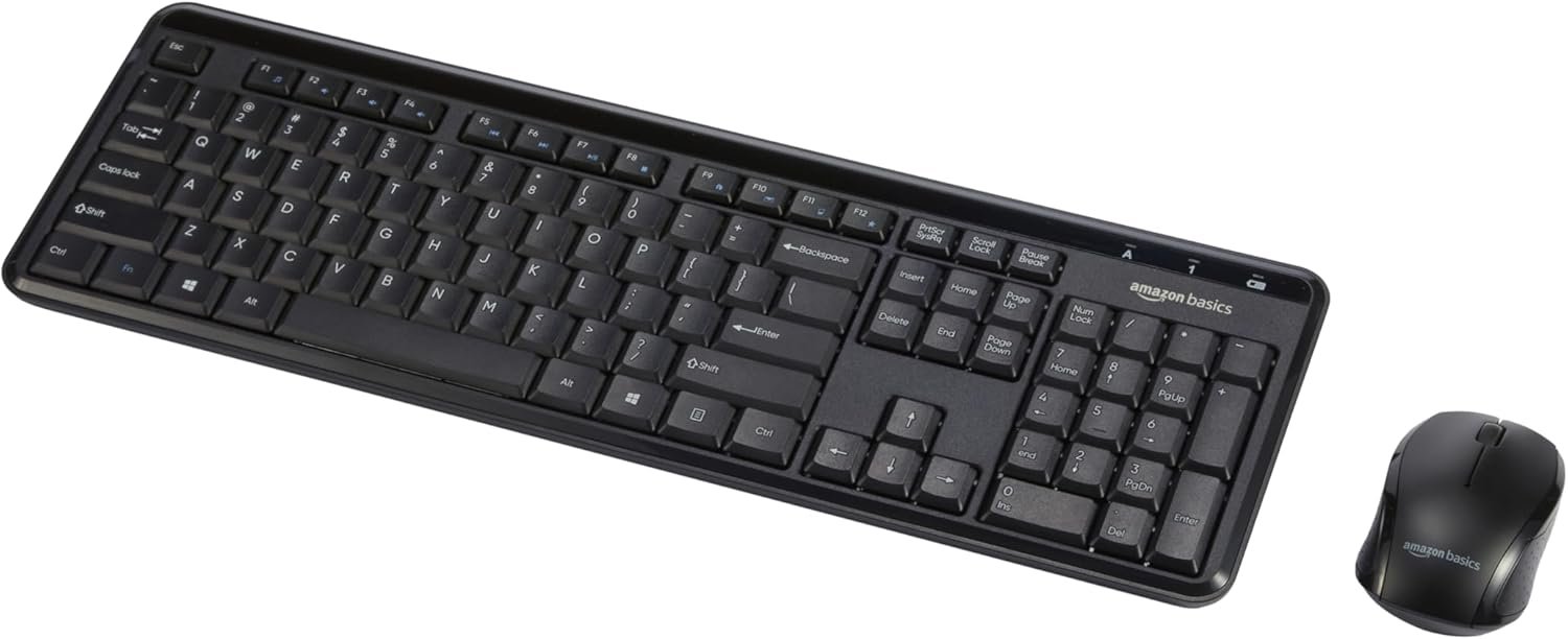 Amazon Basics 2.4GHz Wireless Keyboard and Mouse Combo Set, Quiet and Compact US Layout, Plug and Play, Unifying USB Receiver, Black