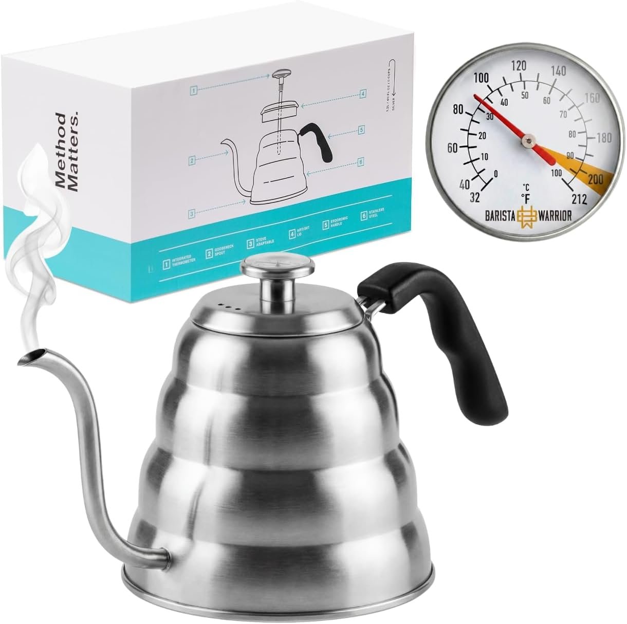 Barista Warrior Gooseneck Kettle with Thermometer – 1.2L Pour Over Coffee & Tea Kettle, 18/8 Stainless Steel Gooseneck Kettle Pot, Precision Pour Drip Spout, Suitable for All-Stoves (40 fl oz)