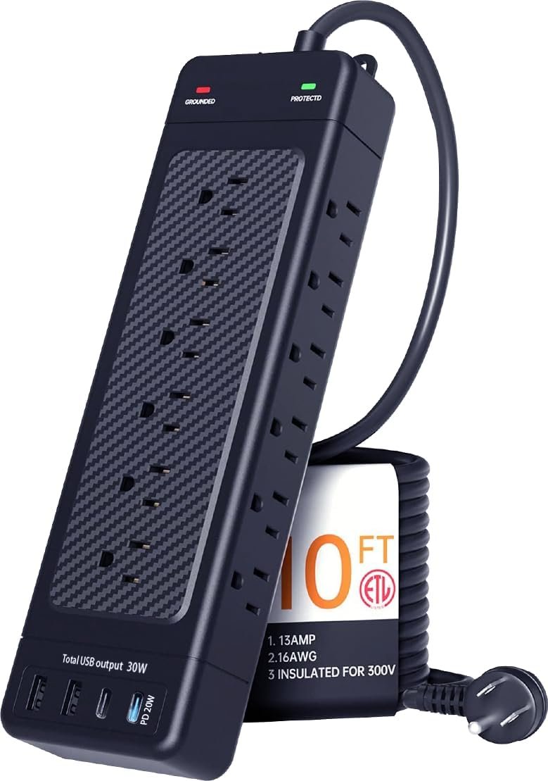 Surge Protector Power Strip 10ft Cord/High Joules Surge Protection (4800J)/Heavy Duty/Multiple outlets/Mountable/18AC/1875W/USB A+C(PD20W),Flat Plug,Commercial,Industrial,Office,Home,Black