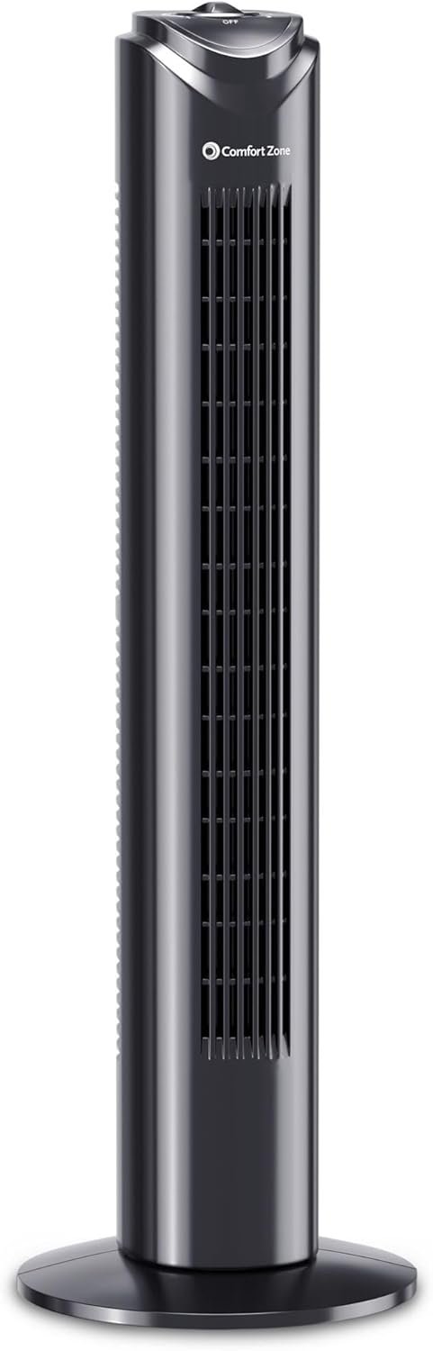 Comfort Zone 32-Inch Oscillating Tower Fan – Ultra-Slim Bladeless Design with 3 Speeds, 90° Wide Oscillation & Built-in Carry Handle – Quiet Portable Standing Fan for Bedroom, Home, or Office, Black