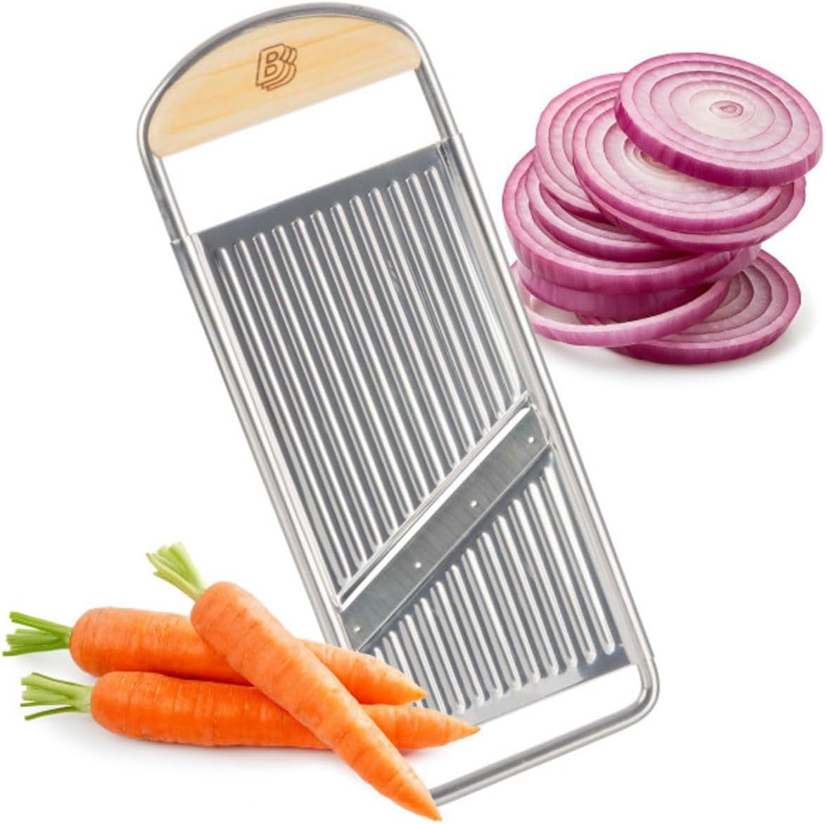 Handheld Mandoline Slicer for Kitchen – Stainless Steel Flat Mandolin with Cherrywood Handle – Julienne Cutter for Vegetable and Fruits – Italian Made Kitchen Gadgets by Kings County Tools