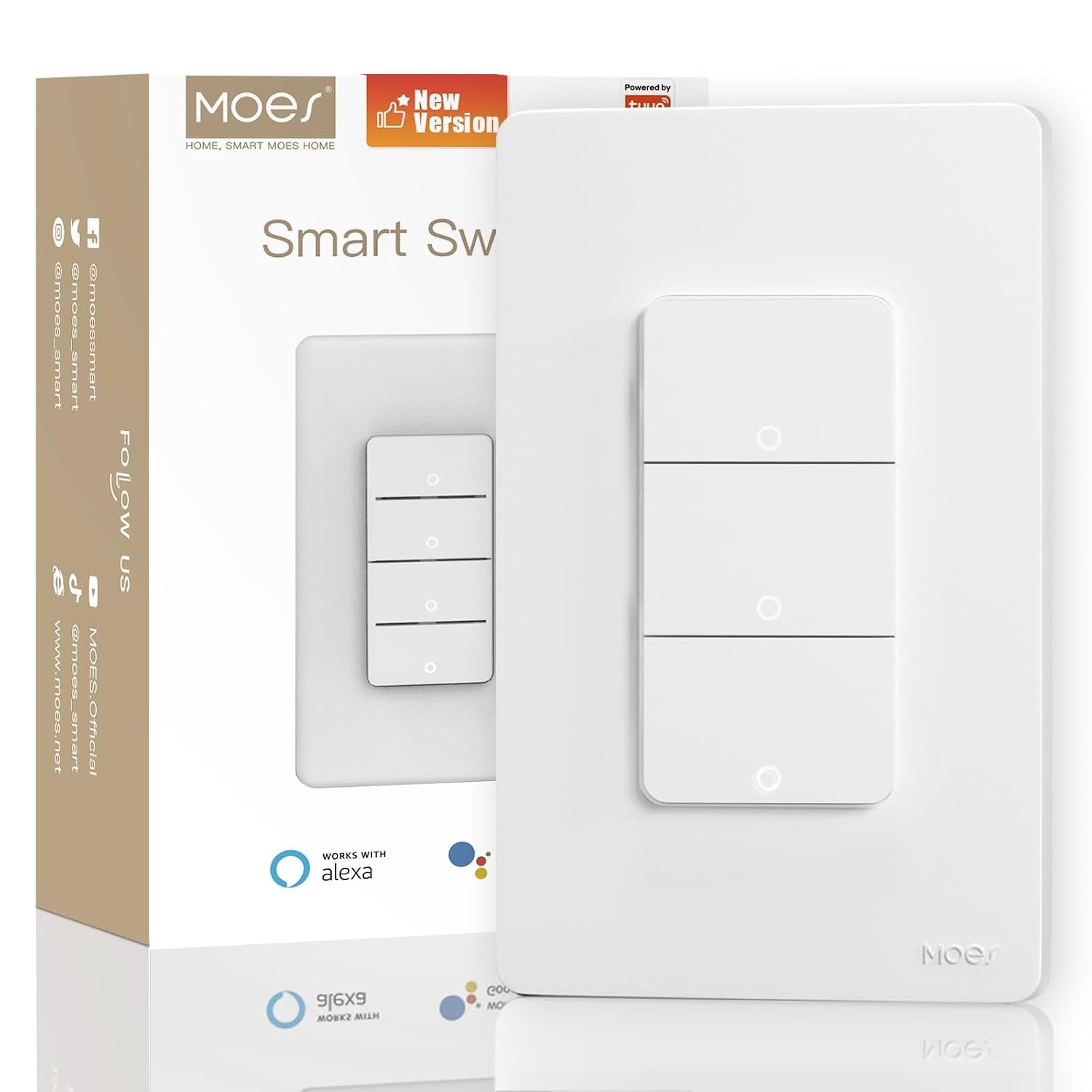 MOES Smart Triple Light Switches, 2nd Generation Wi-Fi 3 Gang Single Pole Switch, Neutral Wire Required, Inteligente Switch Combo Compatible with Alexa Google Assistant, Remote Control