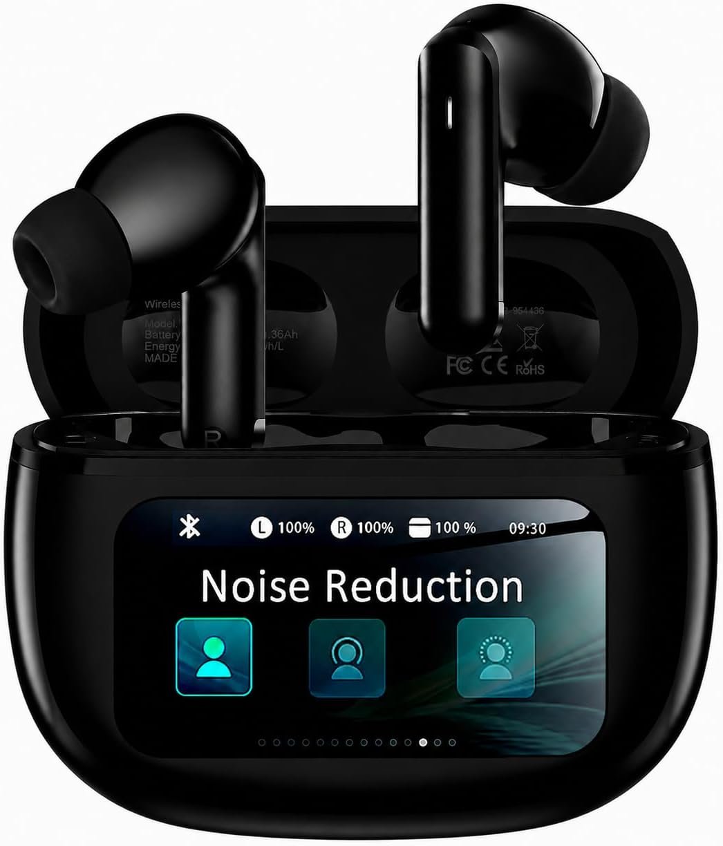 Wireless Earbuds with Smart Touchscreen Case, Bluetooth 6.0 Ear Buds with AI Noise Cancelling Calls, 40H Playtime Stereo Headphones, IPX7 Waterproof Earbuds for Workout, Travel, iPhone, Android, Raven