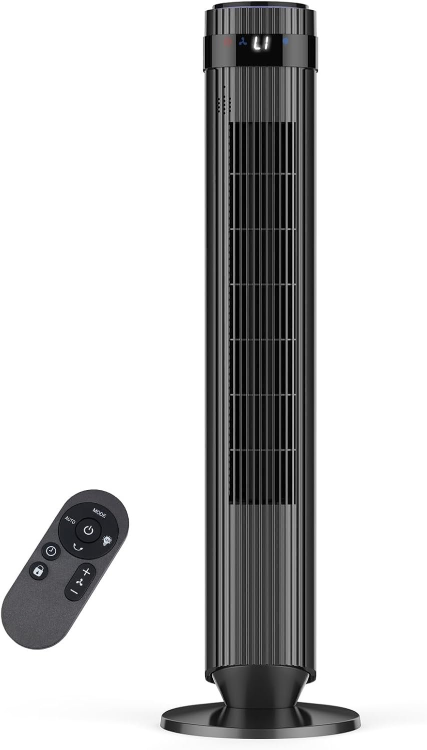 OLIXIS Tower Fan for Bedroom, 28dB Quiet Floor Standing Fan with Remote, 12H Timer, 5 Speeds, 4 Modes, LED Display, Portable Bladeless Oscillating Cooling Fan for Indoor, Home, Office – Black