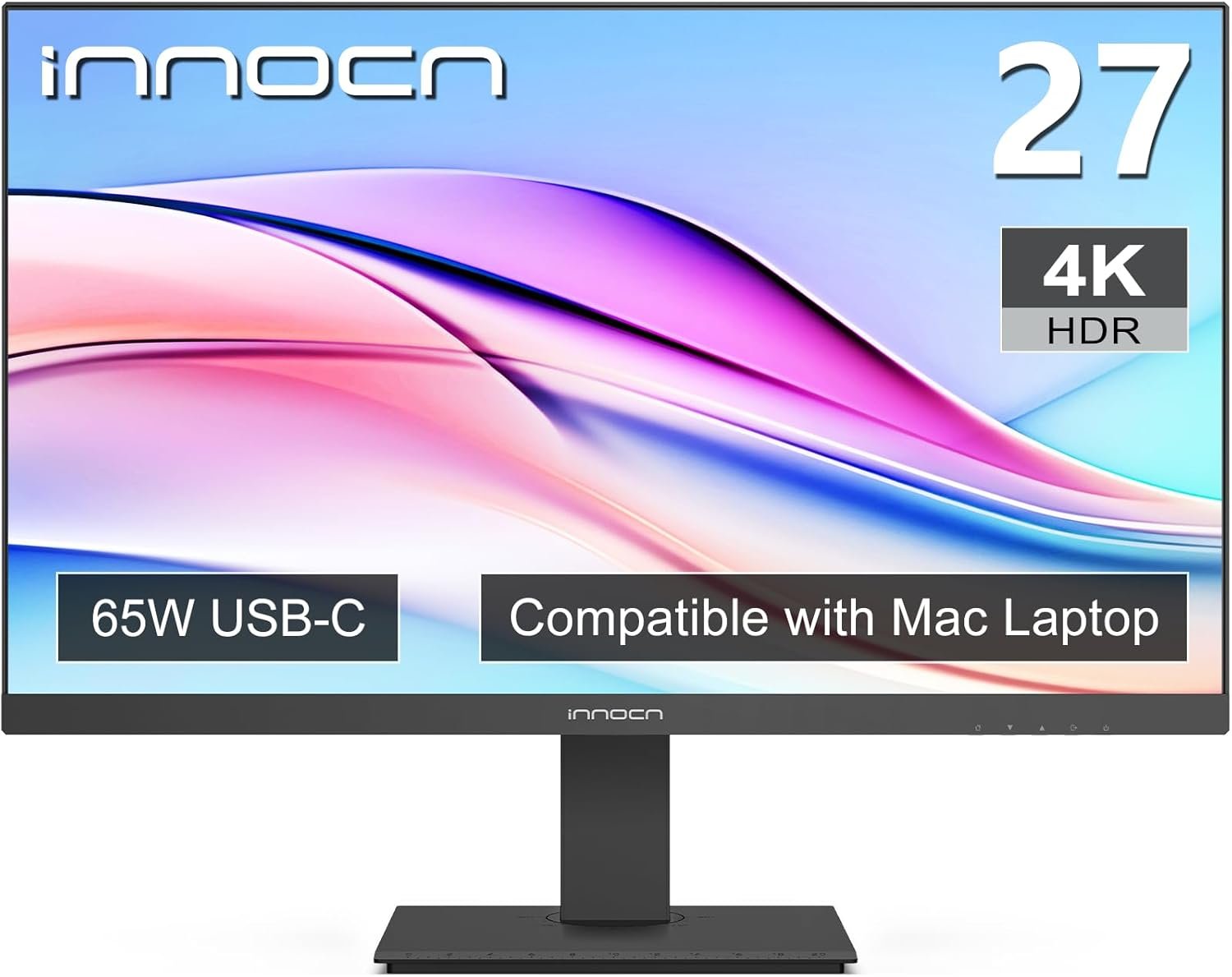 INNOCN 27″ 4K USB-C Monitor for Laptop MacBook/Mac mini – 16:9 IPS 3840 x 2160 Display, HDR400, DeltaE＜2, DisplayPort, HDMI PC Monitor, 1.07B+ Colors, Built-in Speakers, Adjustable Stand, Black