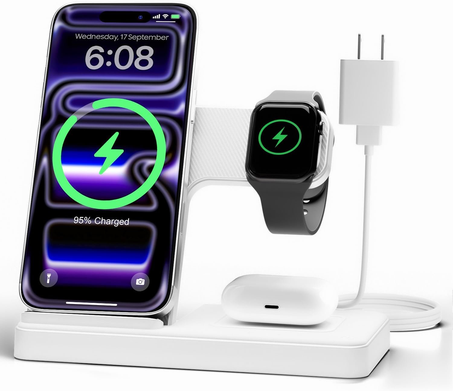 Wireless Charger Stand Charging Station: 3 in 1 Charger Stand Multiple Devices for Apple – iPhone 17 16e 16 15 14 Pro Max 13 12 – Watch 11 10 9 8 7 6 5 4 3 2 SE and Ultra Series-Airpods 4 3 Pro, White