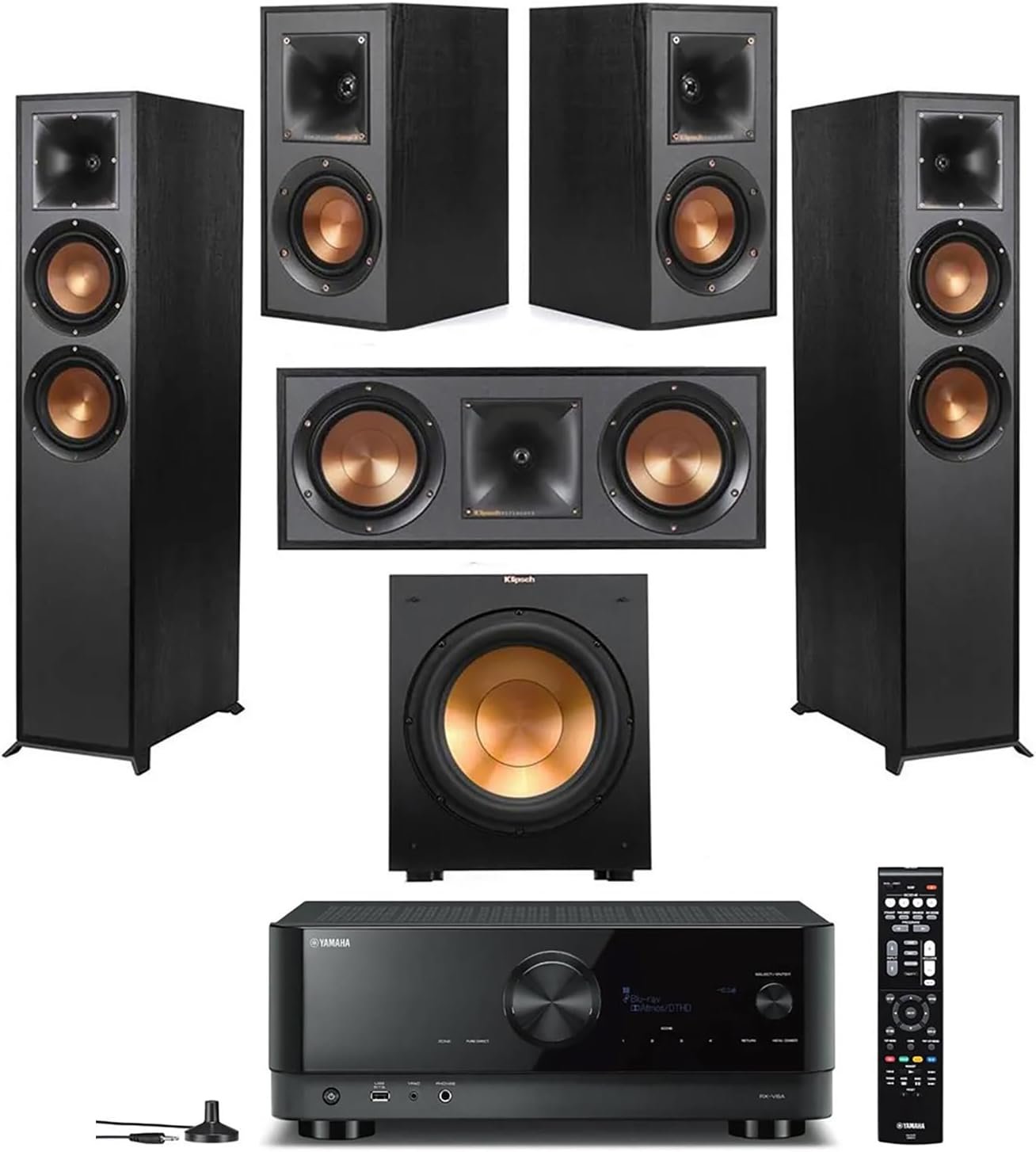 Klipsch Reference Dolby Atmos Home Theater Bundle with R-625FA Floorstanding Speakers, R-52C Center, R-41M Surrounds, R-12SW 12″ Subwoofer & Yamaha RX-A2AB AV Receiver